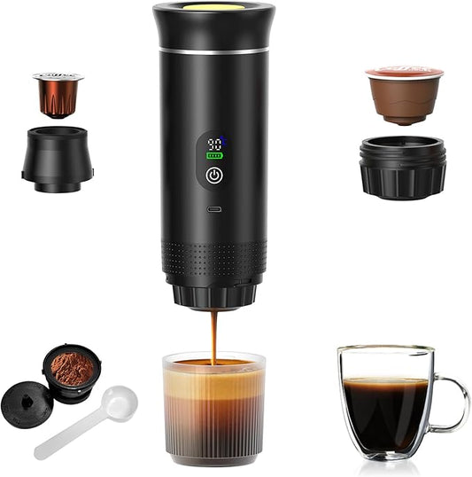 Portable Coffee Maker for Travel & Camping, Portable Espresso Maker for Travel, Rechargeable Cordless Battery Operated Coffee Makers for Ground Coffee, NS Capsule RV, Hiking, Office(Black)