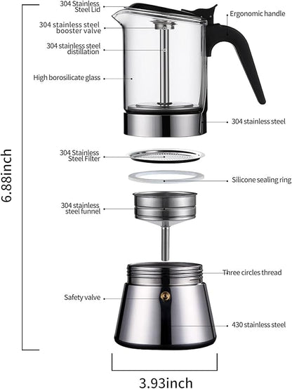 Moka Induction Stovetop Espresso Maker With Pressure valve,Crystal Glass-top & Stainless Steel Esprosso Moka Pot,240ml Classic Italian Coffee Maker