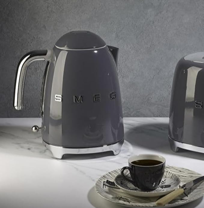 SMEG KLF03 7 Cup Electric Water Kettle, Retro-Style, Soft-Opening Lid, Auto Shut-Off, 360° Swivel Base – Grey
