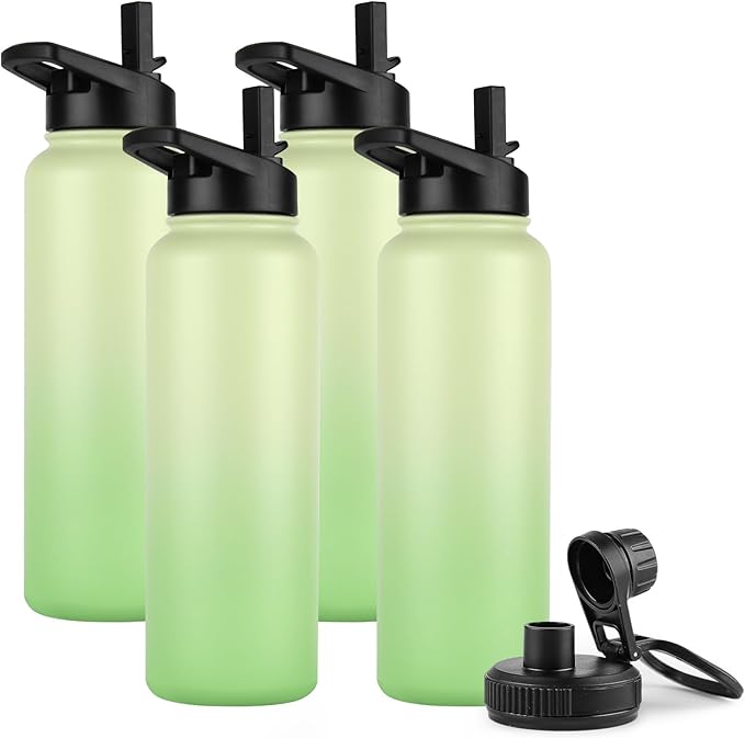 DOMICARE 40 oz Insulated Water Bottle Bulk, Vacuum Insulated Stainless Steel Sports Water Bottle with Straw Lid & Spout Lid, Leakproof, Reusable - Travel, Camping, Bike, Green Gradient (4 Pack)
