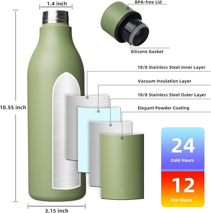 BJPKPK Insulated Water Bottles, 25 oz Stainless Steel Metal Water Bottle with Strap, BPA Free Leak Proof Jugs, Mugs, Flasks, Reusable Thermal Flasks for Sports & Travel, Forest Green