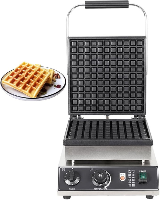 Electric Waffle Maker Machine 2200W, 1 Slice Nonstick Commercial Stainless Steel Square Waffle Maker, Temperature and Time Control, for Restaurant Bakeries Snack Bar Home, 50~300℃