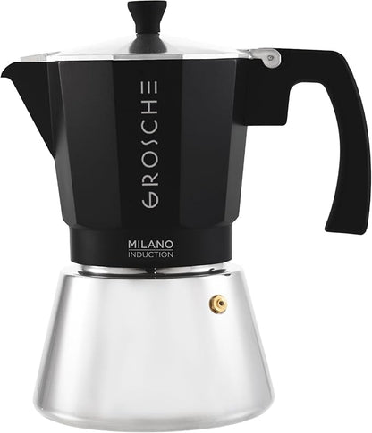 GROSCHE Milano Induction Stovetop Espresso Maker Moka Pot for Greca, Induction, Electric & Gas Stoves, Dishwasher Safe Stovetop Espresso Maker | 9 Espresso Cup, Black