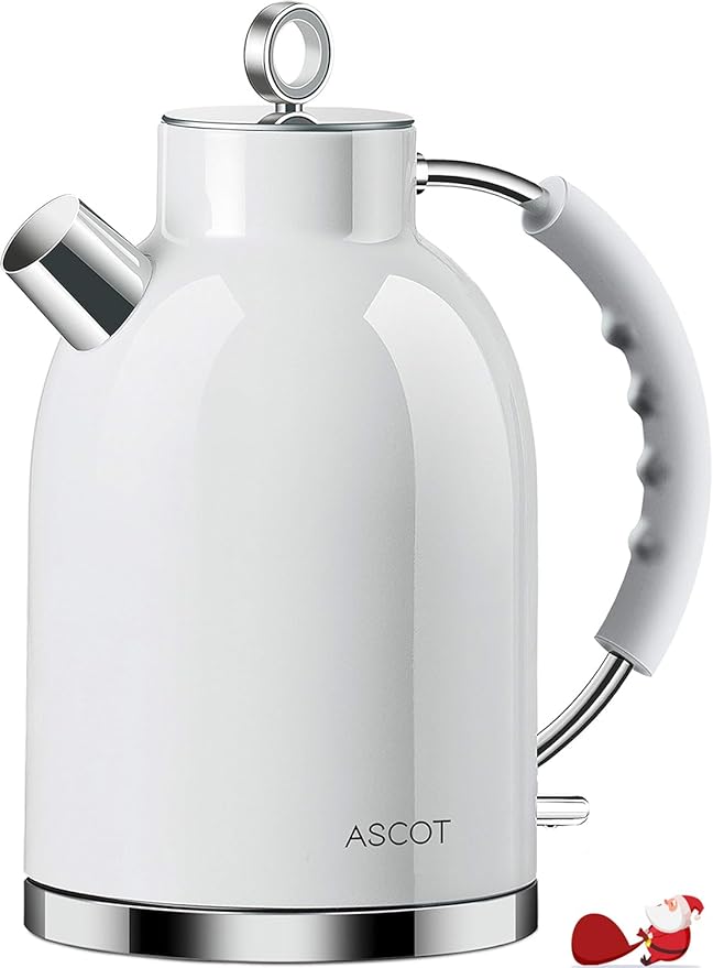 ASCOT Electric Kettle, Stainless Steel Electric Tea Kettle Gifts for Men/Women/Family 1.5L 1500W Retro Tea Heater & Hot Water Boiler, Auto Shut-Off and Boil-Dry Protection (White)