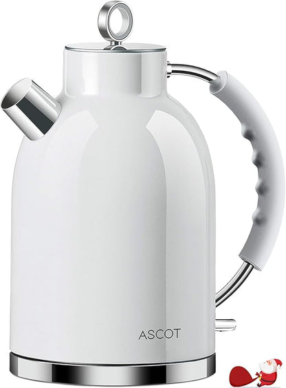 ASCOT Electric Kettle, Stainless Steel Electric Tea Kettle Gifts for Men/Women/Family 1.5L 1500W Retro Tea Heater & Hot Water Boiler, Auto Shut-Off and Boil-Dry Protection (White)