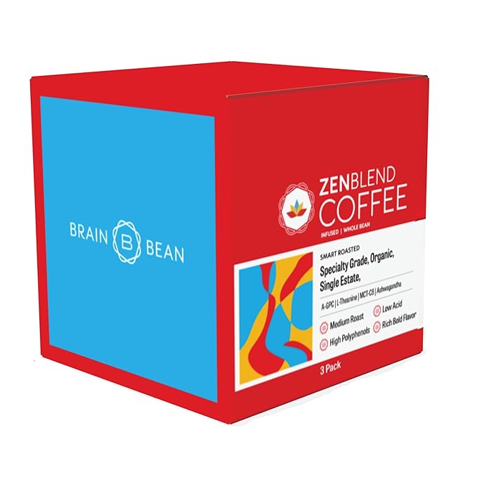 Brain Bean Zen-Blend Organic Coffee Whole Bean with Caprylic Acid MCT (C-8), A-GPC, L-Theanine & Ashwagandha Extract - Premium Grade Organic Coffee Beans for Focus & Calm Support -16 Oz (3-Pack)