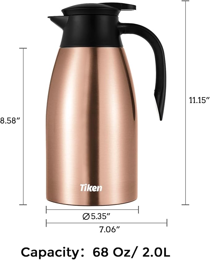 Tiken 68 Oz Thermal Coffee Carafe, Stainless Steel Insulated Vacuum Coffee Carafes For Keeping Hot, 2 Liter Beverage Dispenser (Copper)