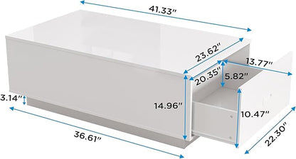 41" LED Coffee Table with 2 Drawers - High Gloss White Modern Table with Lighting for Living Room (41.33" W x 23.62" D)