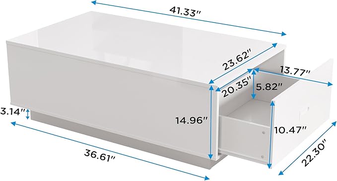 41" LED Coffee Table with 2 Drawers - High Gloss White Modern Table with Lighting for Living Room (41.33" W x 23.62" D)