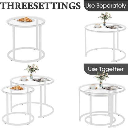 aboxoo White Nesting Glass Table Set of 2, Small Glass Round Nesting Tables for Living Room Bedroom, Accent Tea Table with Metal Frame Modern Industrial Simple
