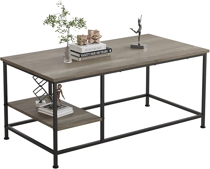 SENIG Grey Oak Rectangle Wood and Metal Coffee Table with Storage Shelf for Small Living Rooms with Shelf