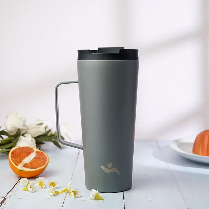 Insulated Tumbler with Handle and Straw, 18 OZ Travel Coffee Mug Stainless Steel Cup Metal Water Bottle,Grey