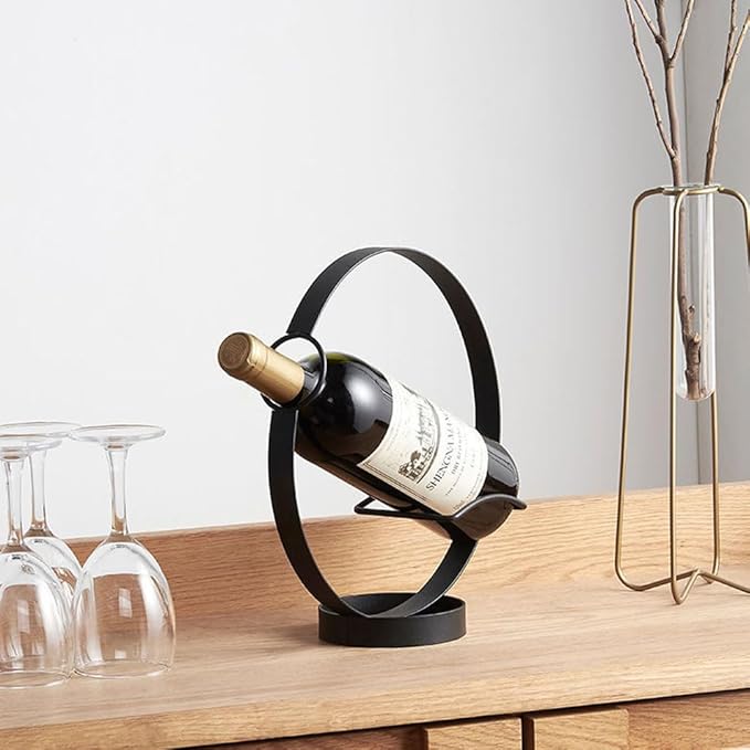 Metal Single Tabletop Wine Rack – Freestanding Countertop Decorative Wine Bottle Holder, Unique Wine Gifts and Accessories for Wine Lovers (2PCS Black)