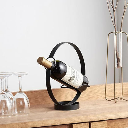 Metal Single Tabletop Wine Rack – Freestanding Countertop Decorative Wine Bottle Holder, Unique Wine Gifts and Accessories for Wine Lovers (Black)