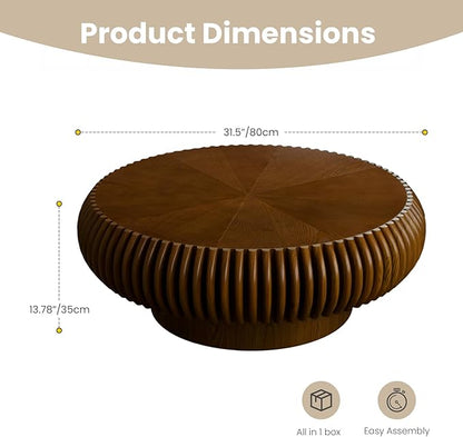 Round Fluted Coffee Table Modern Handcraft Drum Coffee Table with Sturdy Pedestal 31.5" Farmhouse Center Table Tea Table for Living Room, Reception Room, Entertainment Room (Walnut 31.5 inch)