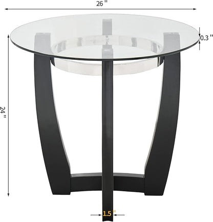 Round Glass End Table, 26" D Solid Wood Side Table with Tempered Glass Tabletop, Modern Glass Sofa Side Table with Black Cross Base for Living Room Home Office,CJZ1331
