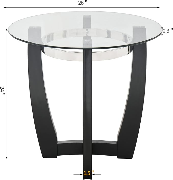 Round Glass End Table, 26" D Solid Wood Side Table with Tempered Glass Tabletop, Modern Glass Sofa Side Table with Black Cross Base for Living Room Home Office,CJZ1331
