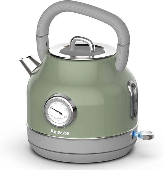Amaste Electric Kettle, Retro Electric Tea Kettle with Thermometer, 57 Oz Hot Water Kettle for Coffee & Tea, 304 Stainless Steel, 1500W Fast Boiling, Auto Shut-Off & Boil Dry Protection, Matcha Green