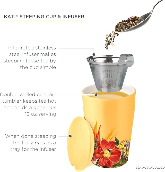 Tea Forte Paradis Double-Walled Ceramic Kati Cup with Removable Stainless Steel Infuser Basket and Lid, Steeps 12 oz Loose Leaf Tea, Lid and Cup Dishwasher & Microwave Safe