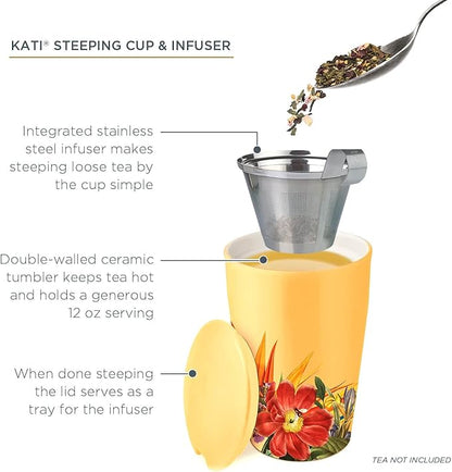 Tea Forte Paradis Double-Walled Ceramic Kati Cup with Removable Stainless Steel Infuser Basket and Lid, Steeps 12 oz Loose Leaf Tea, Lid and Cup Dishwasher & Microwave Safe