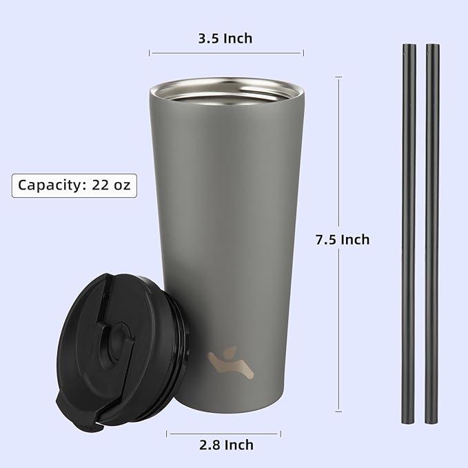 22 OZ Insulated Tumbler with Lid and 2 Straws Stainless Steel Water Bottle Vacuum Travel Mug Coffee Cup,Gray