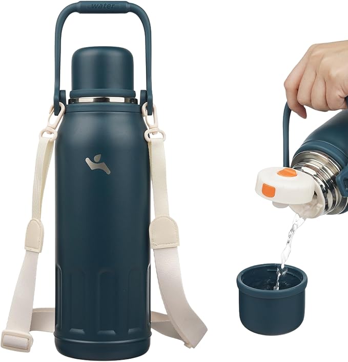 Insulated Water Bottle with Handle and Strap,Vacuum Travel Tumbler with Cup Lid,Thermo Coffee Cup for Hot Cold Drinks 50 OZ,Navy Blue