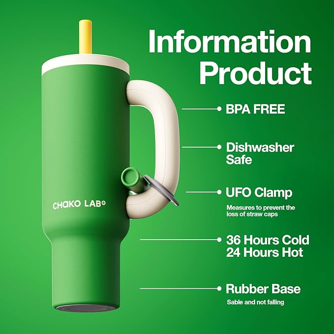 BaWang Insulated Stainless Steel Tumbler | Tumbler with Handle and Straw 33oz | Cup Holder Friendly for Travel | Leakproof Water Bottle | BPA-Free | Ceramic liner| Green＆White