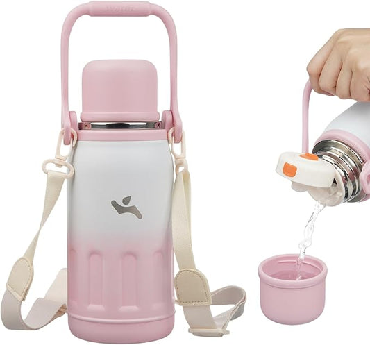 Insulated Water Bottle with Handle and Strap,Vacuum Travel Tumbler with Cup Lid,Thermo Coffee Cup for Hot Cold Drinks 27 OZ,Pink Pearl