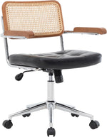 Load image into Gallery viewer, Rattan Office Chairs, Modern Rattan Desk Chair with Natural Back &amp; Wood Armrest, Small Upholstered Tufted Leather Home Office Desk Chairs for Home Office, Bedroom, Study, Black