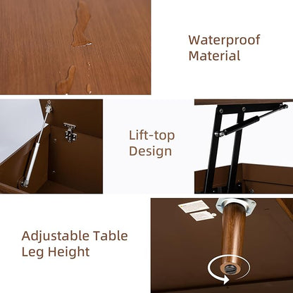 36.2" Lift Top Coffee Table with Storage, Large Square Coffee Tables with Hidden Compartment, Mid Century Modern Center Table for Home Office,Living Room,Dark Walnut