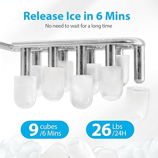 Aeitto Ice Makers Countertop, 26Lbs/24H Ice Machine with 2 Sizes of Bullet Ice, 9 Ice Cubes Ready in 6 Mins, Self-Cleaning Portable Ice Maker with Ice Scoop and Basket for Home Office Bar RV, Black