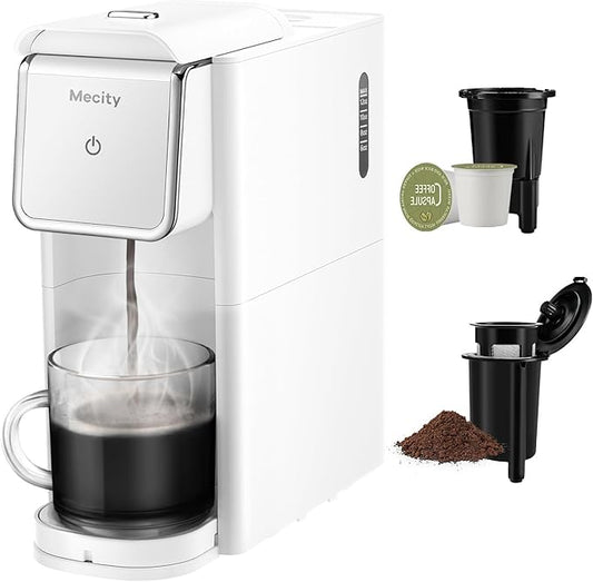 Mecity Coffee Maker Mini Single Serve Coffee Machine Compatible with K Cup Capsule, Ground Coffee, Loose Tea, Small Coffee Pot For Home Use, RV, Apartment, Auto Shut Off 120V 1000W White