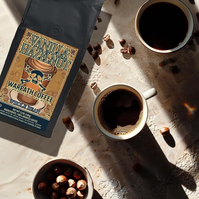 Warpath Coffee Light Roast Whole Bean Coffee, Vanilla Hazelnut Blend, High Caffeine, Strong Roasted 100% Arabica Coffee Whole Beans, Rich Aroma, Full Bodied Intense Cup, Created by Navy SEALs, 12oz