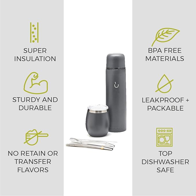 BALIBETOV Complete Yerba Mate Set - Modern Mate Gourd, Thermal Flask, Bombilla and Cleaning Brush Included - All Premium Quality 304 18/8 Stainless Steel (Gray)