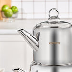 Load image into Gallery viewer, Karaca New Mira Turkish Tea Set for Stovetop, Induction Base Stainless Steel Tea Maker (1L Teapot &amp; 2L Tea Kettle), Dishwasher Safe, Non-Burning Gold Handles Samovar Style