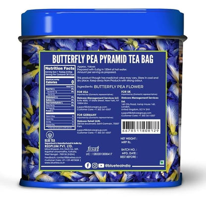 BLUE TEA - Butterfly Pea Flower Tea - 30 Count - Pyramid Plant Based Tea Bag | ANTIOXIDANT RICH | Caffeine Free - Detox Tea - Flower Based - Herbal Tea - Non-GMO | Tin Pack