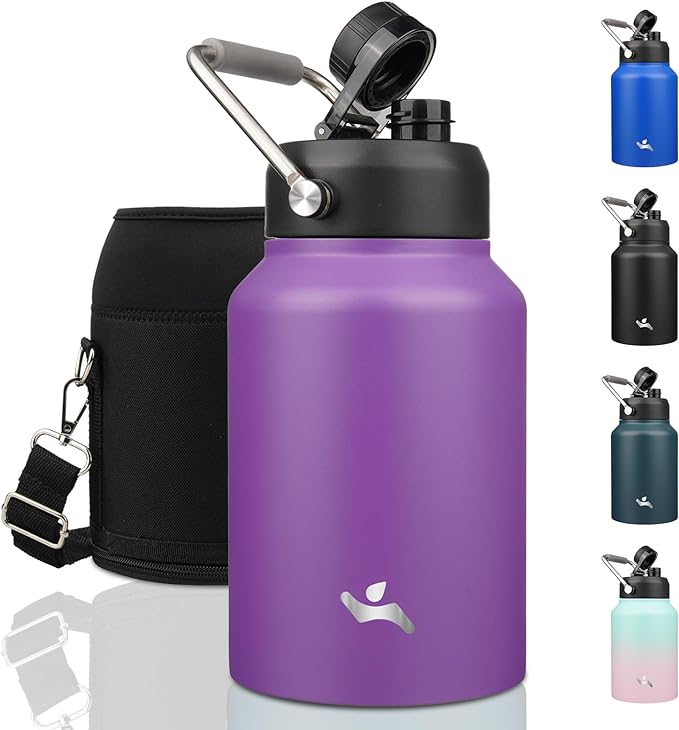Half Gallon Jug with Handle,64 oz Insulated Water Bottle with Carrying Pouch,Double Wall Vacuum Stainless Steel Metal Bottle,Purple