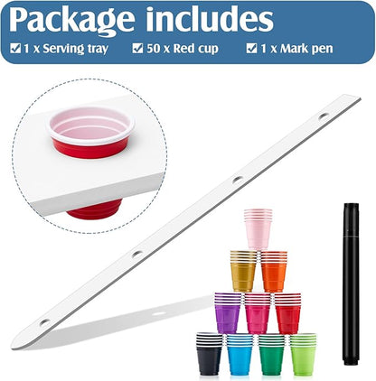 4 Person shot ski Board 57'' x 3.9'' Vintage Wooden Board with 50 Plastic Shot Glasses and 1 Marker Pen Rustic Retro Ski for Gathering Birthday Party Wedding(White)