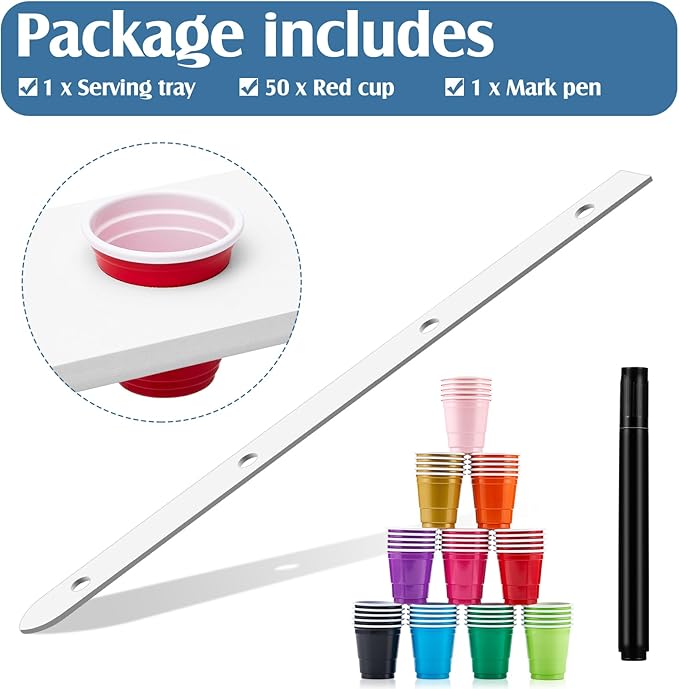 4 Person shot ski Board 57'' x 3.9'' Vintage Wooden Board with 50 Plastic Shot Glasses and 1 Marker Pen Rustic Retro Ski for Gathering Birthday Party Wedding(White)