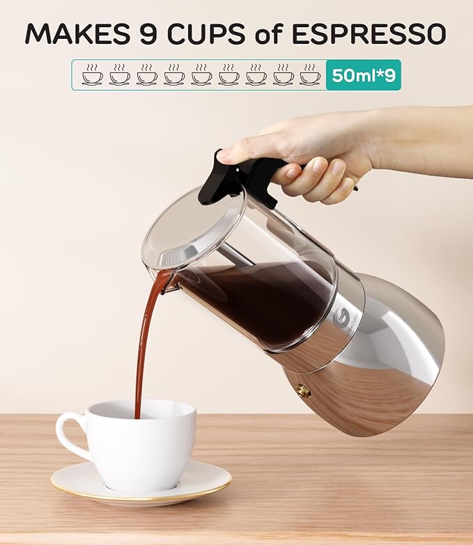 Coffee Gator 9 Cup Moka Pot, 15oz Stovetop Espresso Maker for Italian Coffee, Transparent Glass & Stainless Steel Design, Silver, 450ml