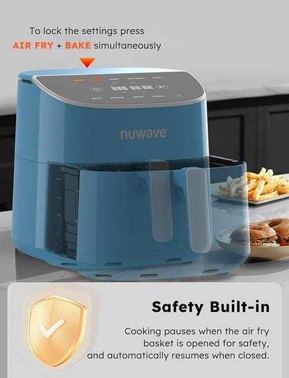 Nuwave Brio Plus 8 Qt Air Fryer, PFAS Free, New & Improved, Digital Touch Screen, Cool White Display, 50°F~400°F in Precise 5°, 5 Cook Functions, 100 Presets & 50 Memory, 3 Wattages 700, 1500, 1800