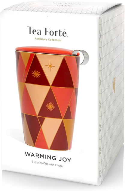 Tea Forte Warming Joy Double-Walled Ceramic Kati Cup with Removable Stainless Steel Infuser Basket and Lid, Steeps 12 oz Loose Leaf Tea, Lid and Cup Dishwasher & Microwave Safe