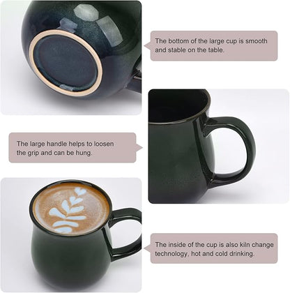 20 Oz Large Ceramic Coffee Mugs, 600ml Big Handle Handmade Pottery Tea Cup for Office and Home, Easy to Hold, Microwave and Dishwasher Safe, Hot Cold Drinking, Stylish Texture Glaze (Ink Green)