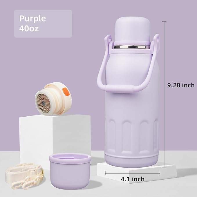 Insulated Water Bottle with Handle and Strap,Vacuum Travel Tumbler with Cup Lid,Thermo Coffee Cup for Hot Cold Drinks 40 OZ,Purple