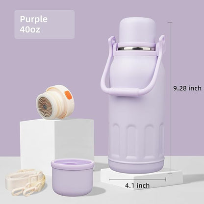 Insulated Water Bottle with Handle and Strap,Vacuum Travel Tumbler with Cup Lid,Thermo Coffee Cup for Hot Cold Drinks 40 OZ,Purple