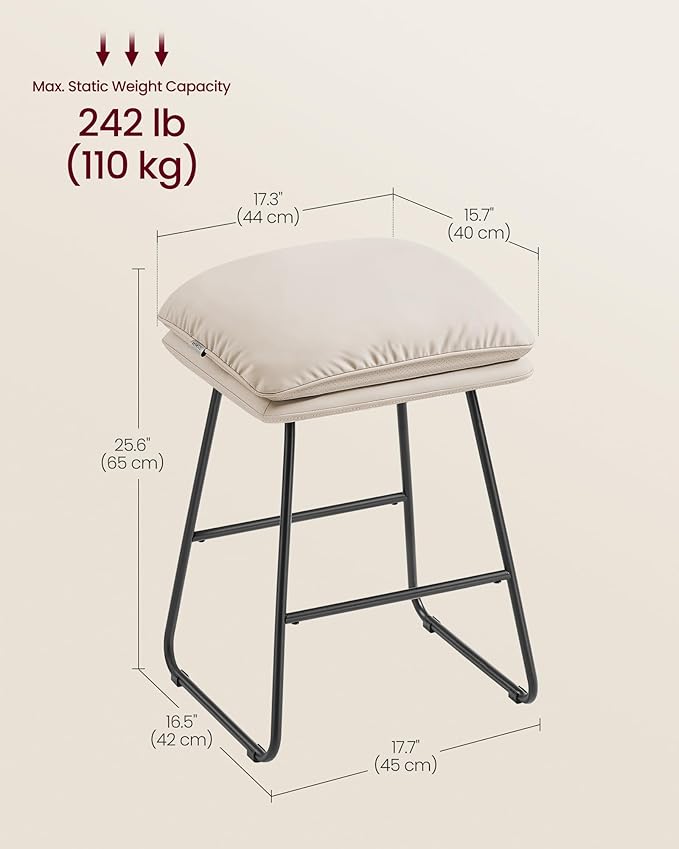 VASAGLE Bar Stools Set of 2, Counter Height Bar Stools, Leather Counter Stools Barstools with Soft Cushion and Metal Sled Legs, 25.6 Inches Bar Height Bar Chairs for Kitchen Island, Cappuccino Beige