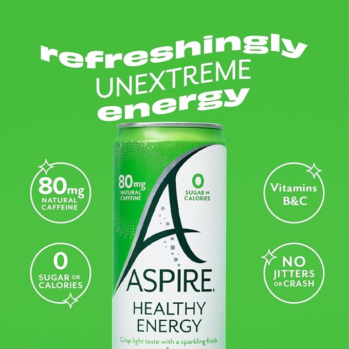ASPIRE® Strawberry Watermelon, Healthy Energy Drink 80mg Natural Caffeine, Zero Sugar No Carbs Keto Friendly, 24 Pack Green Tea Sugar Free Drink Low Caffeine Zero Calorie
