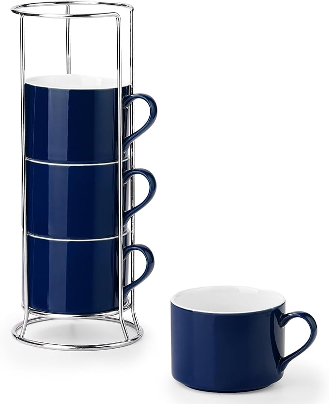 10 Ounce Blue Porcelain Stackable Cappuccino Cups with Stainless Steel Holder, Set of 4, Durable Ceramic, Perfect for Home, Office or Gift