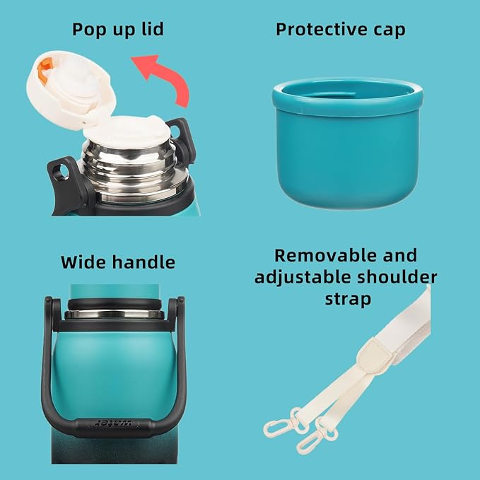 BJPKPK Insulated Thermal Water Bottle with Handle and Lid 27oz Stainless Steel Water Bottles for Cold and Hot Beverages,TealBlack