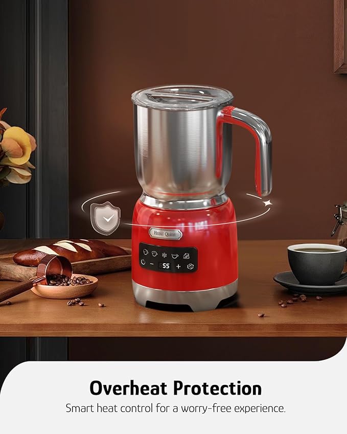 Hazel Quinn Milk Frother - Milk Steamer with Adjustable Temperature & Foam Thickness, Dishwasher Safe, Detachable Base, for Latte/Cappuccino/Hot Chocolate, Cold Foam, 400ML (13.5OZ) - Ruby Red